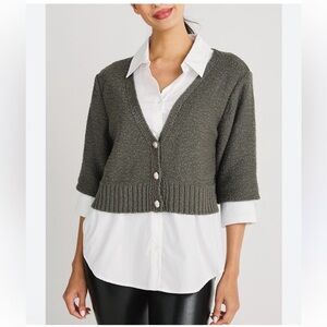 Elan Women's Heidi Sweater button down combo Medium Olive Green Cardigan